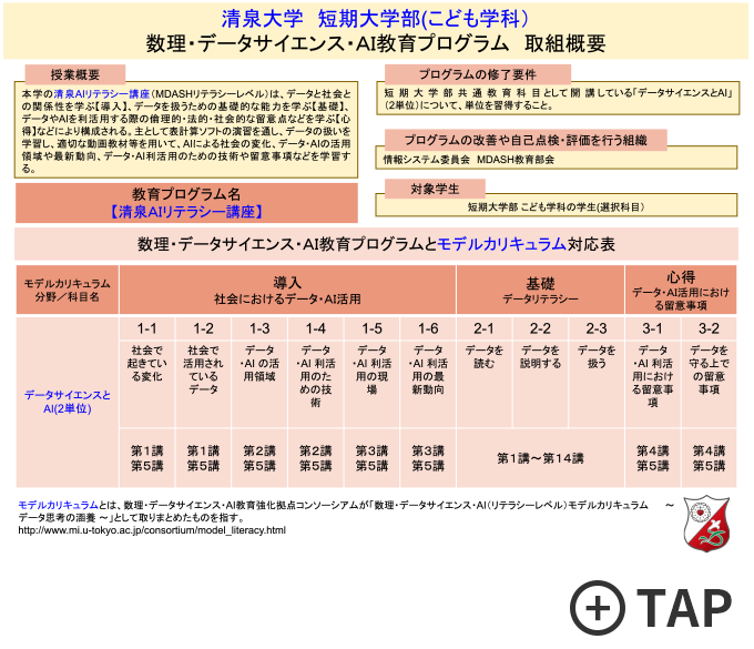 清泉大学 短期大学部（こども学科） 数理・データサイエンス・AI教育プログラム 取組概要