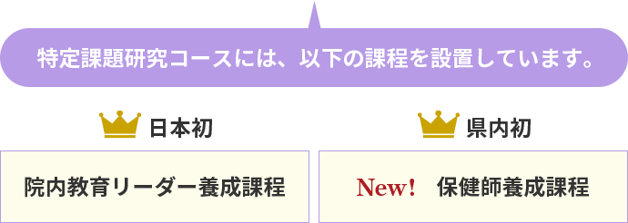 特定課題研究コースには、以下の課程を設置しています。 日本初 院内教育リーダー養成課程 県内初  New! 保健師養成課程