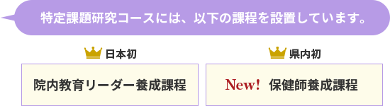 特定課題研究コースには、以下の課程を設置しています。 日本初 院内教育リーダー養成課程 県内初  New! 保健師養成課程